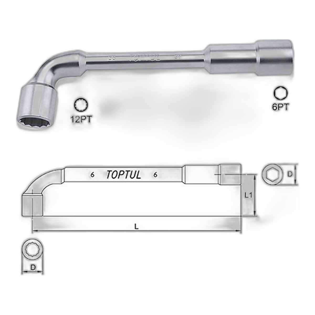(EN) Angled socket wrench двосторонній, прохідний 12-кутна / 6-кутна, L, 9 мм