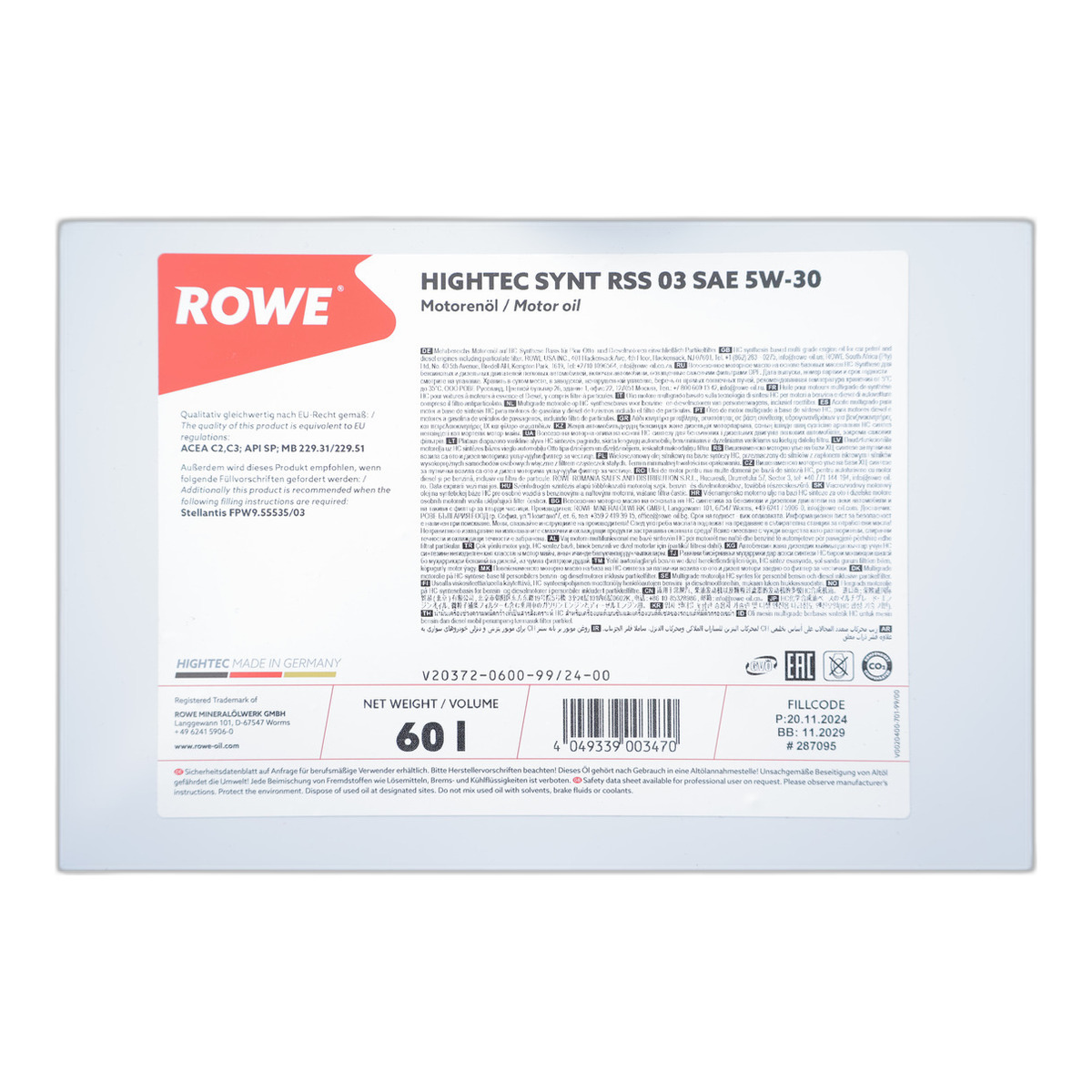 Олива 5W30 HIGHTEC SYNT RSS 03 (60L) (MB 229.31/229.51) (ACEA C2/C3/API SP/FPW9.55535/03) ROWE