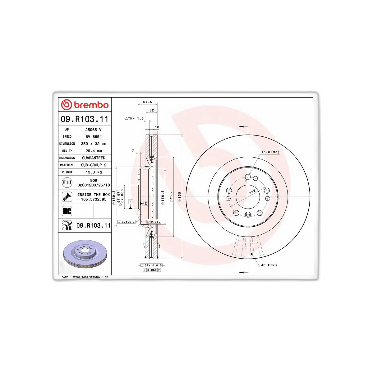 Диск гальмівний MB M-CLASS (W164) 3.5 2005.02-2012.12 BREMBO (09.R103.11) BREMBO