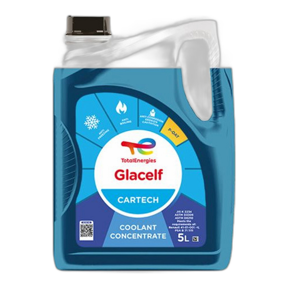 Концентрат антифризу GLACELF (тип охолоджувача G12) (5L, 1:1=-37°C), (EN) P-OAT, зелений/синій, стандартний: ALPINE, ASTM D3306, ASTM D6210, China GB 29743-2013, FIAT 9.55523, FORD WSS-M97B57-A1, JIS