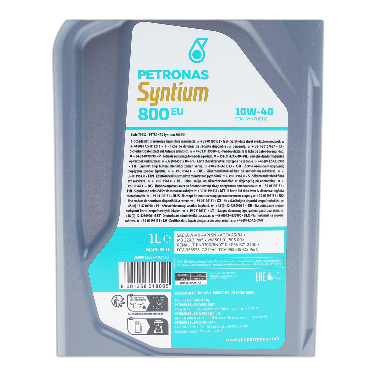 Олива 10W40 SYNTIUM 800 EU (1L) (ACEA A3/B4/API SN/MB 229.3/VW 501.01/505.00/RN0700/RN0710) (з-на на 71244E18EU) PETRONAS