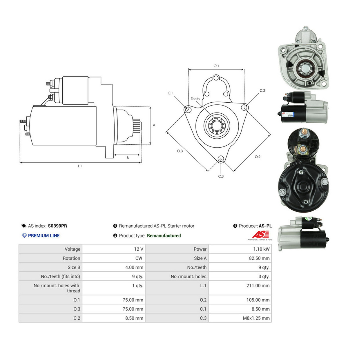 Стартер VW Polo 1.4-1.6 98-12 (12V/1.1kw) (z=9) AS