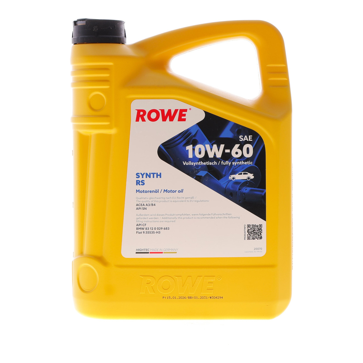 Олива 10W60 HIGHTEC SYNTH RS (4L) (BMW 83 12 0 029 683/Fiat 9.55535-H3)(ACEA A3/B4)(API SN/CF) ROWE