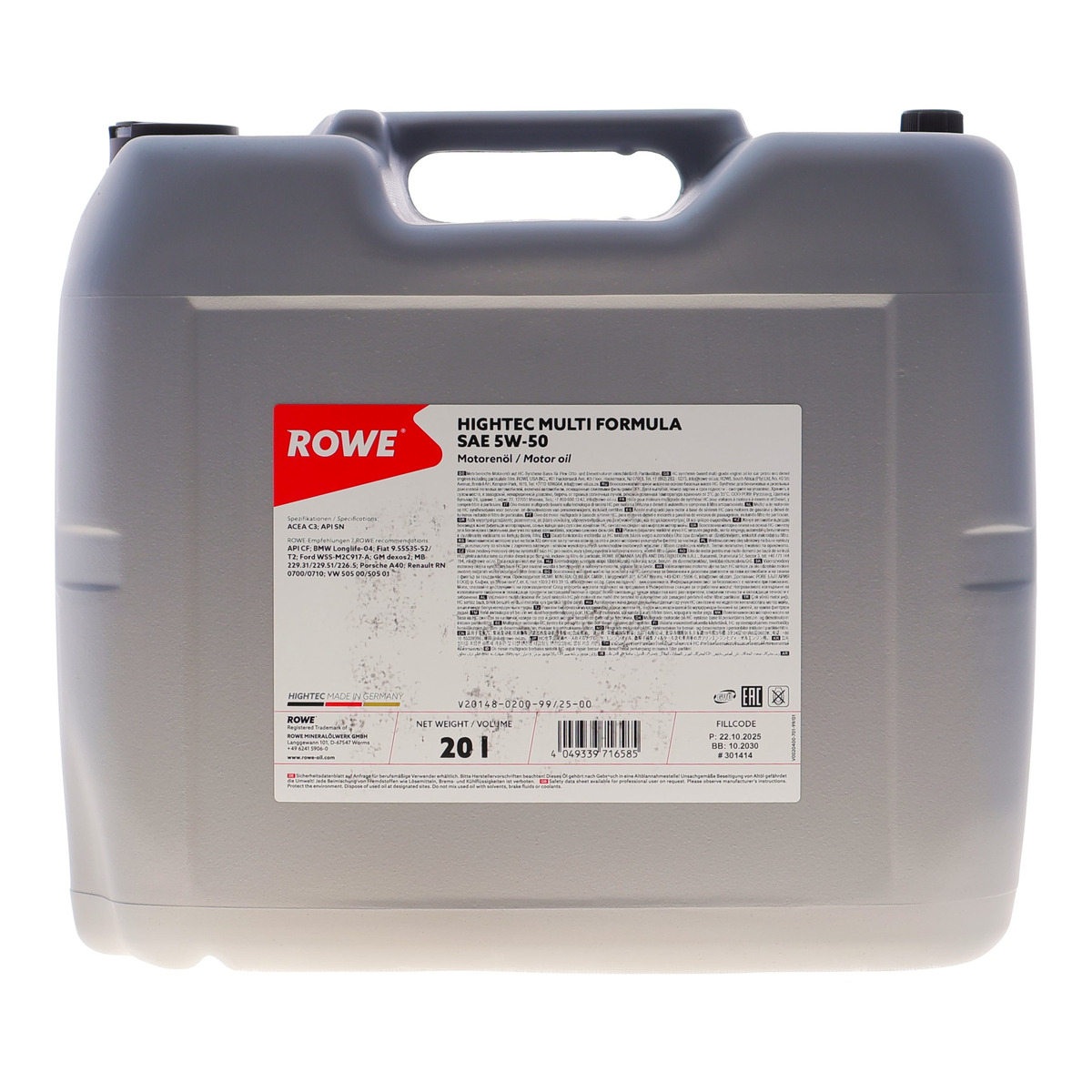 Олива 5W50 HIGHTEC MULTI FORMULA (20L) (VW 502 00/505 00/505 01/MB 229.31/229.51/226.5) (ACEA C3) ROWE