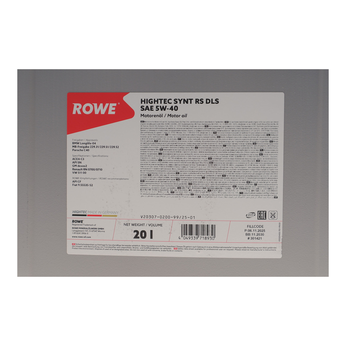 Олива 5W40 HIGHTEC SYNT RS DLS (20L) (LL-04/MB 229.31/229.51/MB 229.52/Porsche C40/VW 511 00) ROWE фото 2