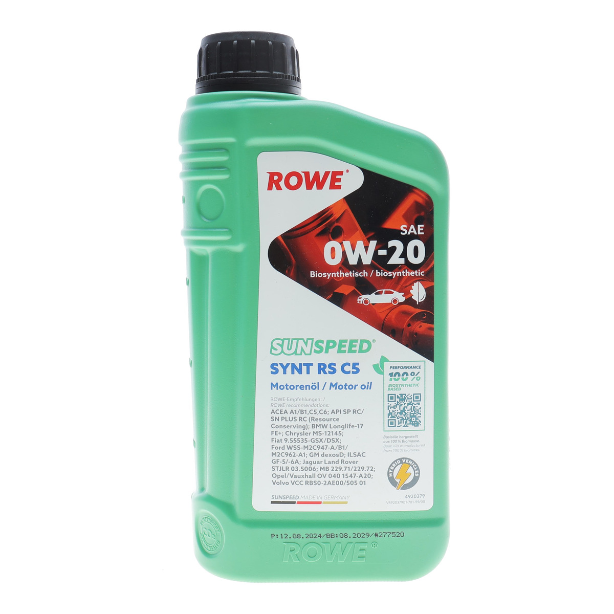 Олива 0W20 SUNSPEED SYNT RS C5 (1L) (ACEA A1/B1/C5/C6) (Longlife-17 FE+/MB 229.71/229.72/M2C962-A1) ROWE