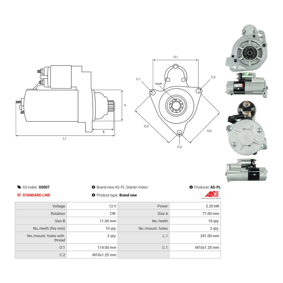 Стартер Mitsubishi Pajero 2.8-3.2 D/TD/DI-D 93-/L200 2.5 DI-D 14- (2.2kw/12V) (z=10) = 112370 AS