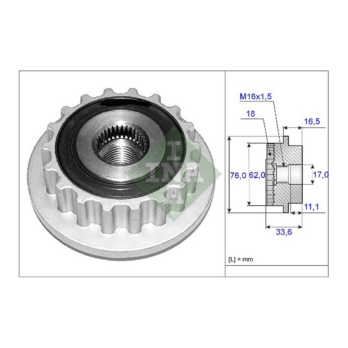 Шків генератора VW T5 2.5TDI, 03-09, 96/120/128kw Schaeffler INA фото 2
