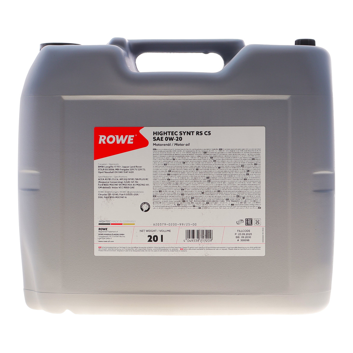 Масло 0W20 HIGHTEC SYNT RS C5 (20L) (MB 229.72/BMW LL-17 FE+/Ford WSS-M2C947-A/B1)