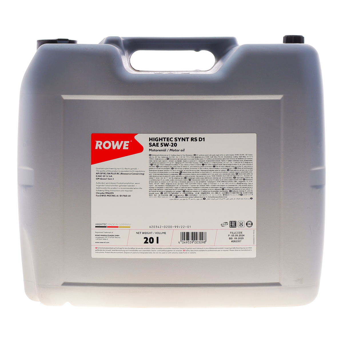 Масло 5W20 HIGHTEC SYNT RS D1 (20L) (WSS-M2C945-A/-B1/960-A1/MS6395/dexos1 Gen 2)(API SP RC