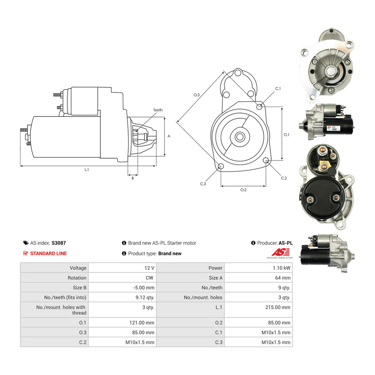 Стартер Citroen Jumpy/Peugeot Exper/Fiat Ulysse 2.0 00- (12V/1.1kw) (z=9) AS