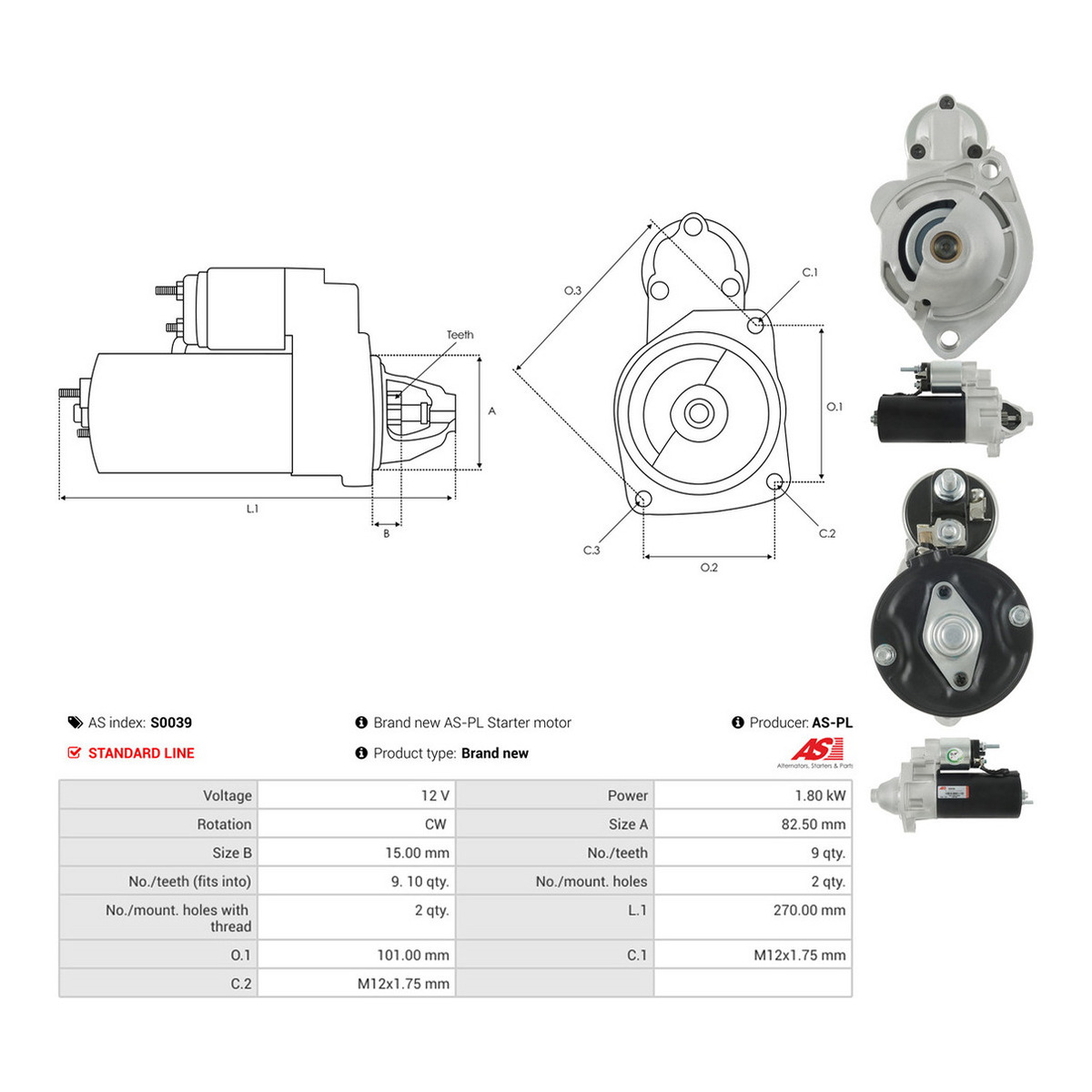 Стартер VW Passat/Audi A4/A6 1.9 TDi 96-05/Skoda Superb 1.9 TDi 01-08 (12V/1.8kw) (z=9) AS
