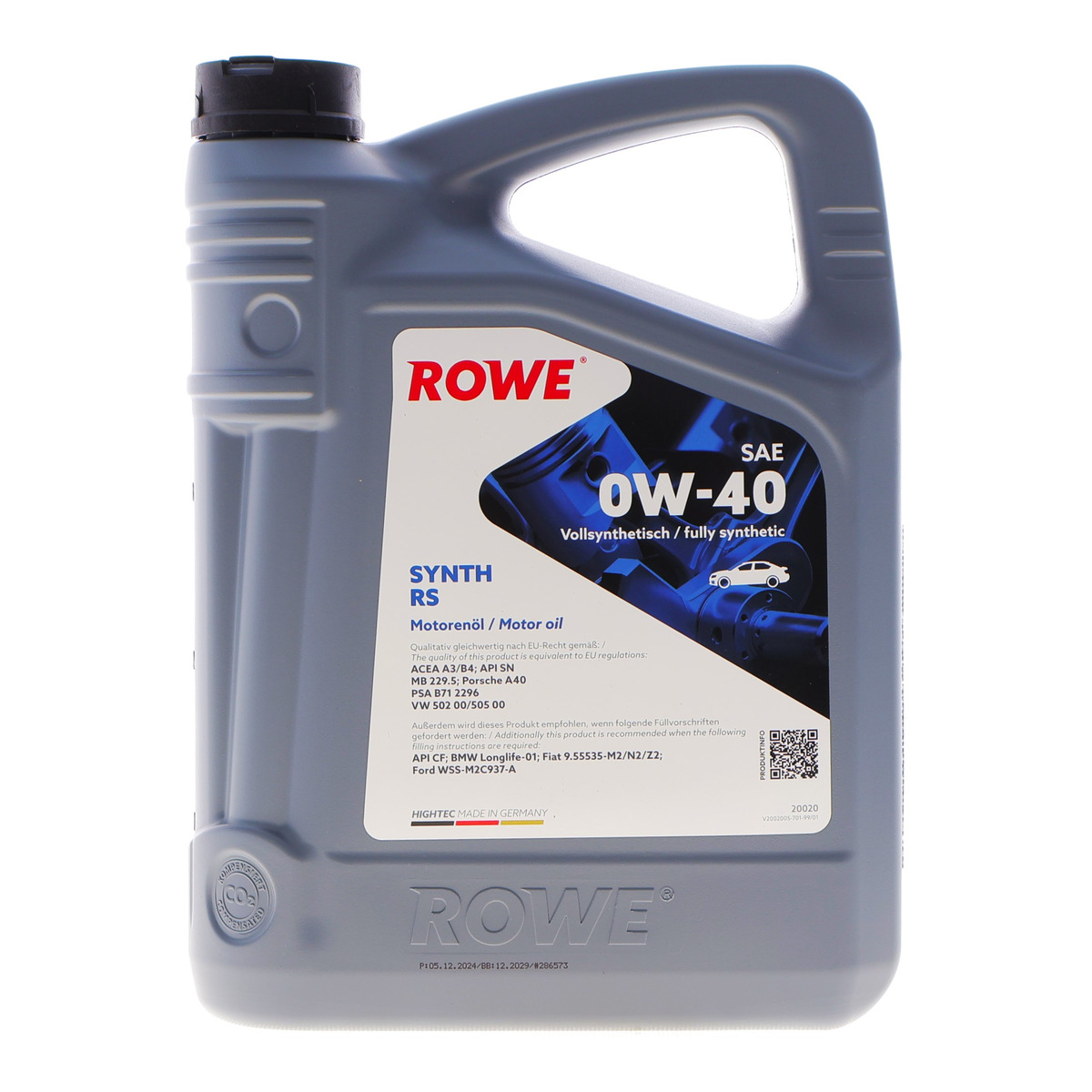 Масло 0W40 HIGHTEC SYNTH RS (4L) (MB 229.5/Porsche A40/VW 502 00/505 00) (ACEA A3/B4) (API SN/CF)