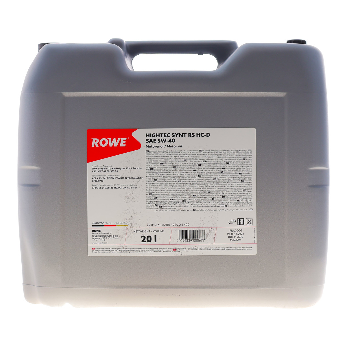 Олива 5W40 HIGHTEC SYNT RS HC-D (20L) (BMW LL-01/MB 229.5/Porsche A40/VW 502 00/505 00) ROWE