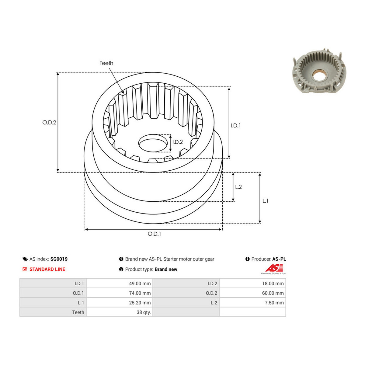 Шестерня планетарна стартера (d=60x18mm) (z=38) AS