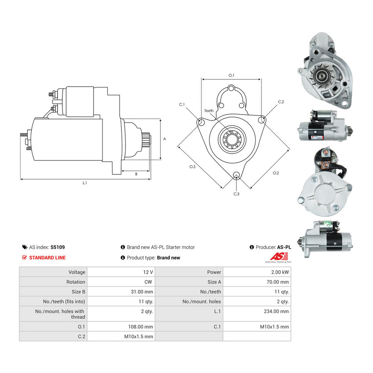 Стартер Nissan Pathfinder 2.5 dCi 05- (12V/2KW) (z=11) AS