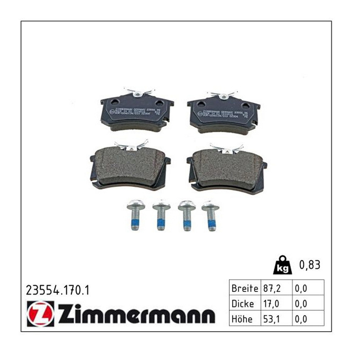 Колодки гальмівні (задні) VW Caddy III 04-/Peugeot 308 09-/Citroen C4 09- (Lucas) (87.2x53.1x17) Zimmermann