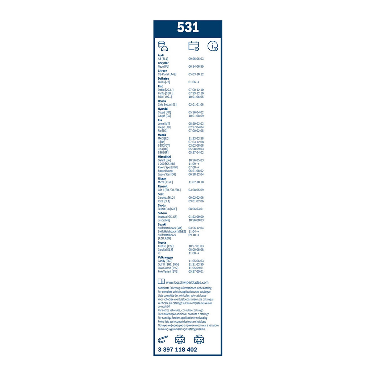 Щітки склоочисника (530/450mm) VW Caddy II 1.4/1.6 1.9D 95-04 Bosch