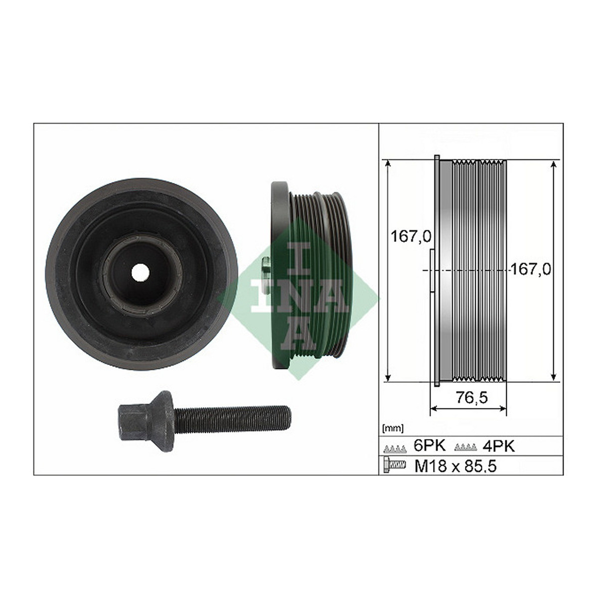 Шків колінвалу BMW 3 (E46/E90)/5 (E60)/X3 (E83) 01-11 (167x76.5) (4PK+6PK) (з болтом), N47/M47 Schaeffler INA