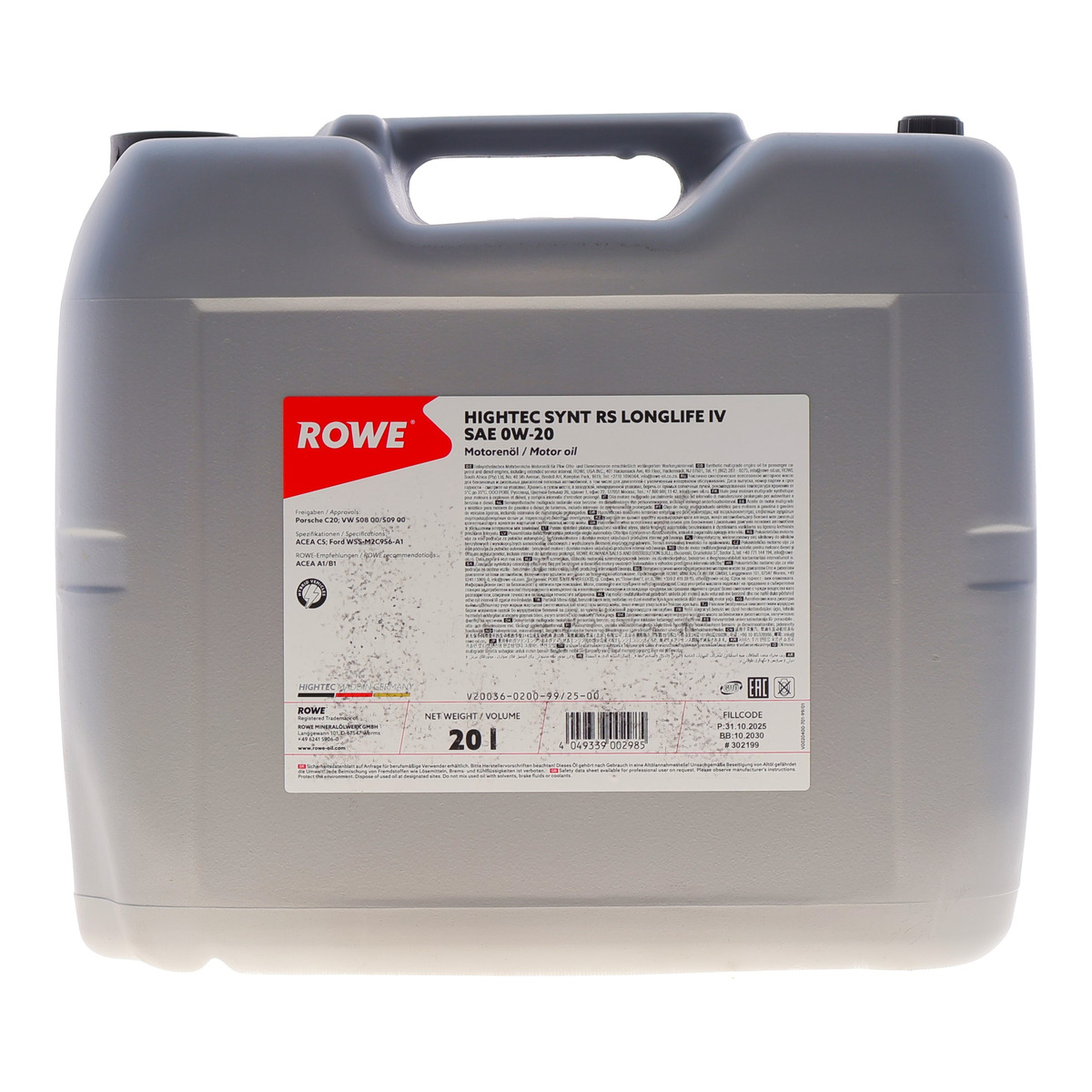 Масло 0W20 HIGHTEC SYNTH RS LONGLIFE IV (20L) (Porsche C20/VW 508 00/509 00) (ACEA A1/B1/C5)