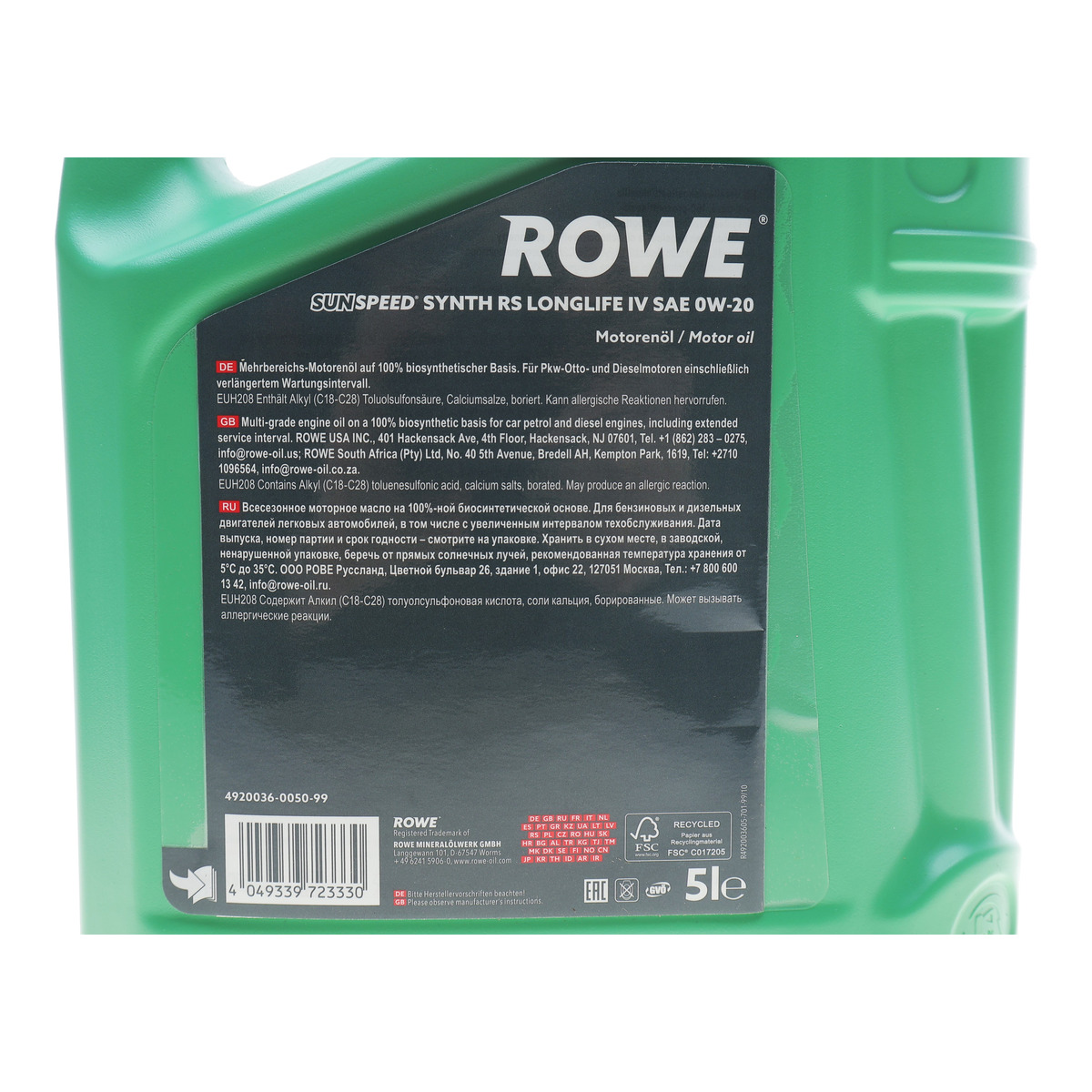 Олива 0W20 SUNSPEED SYNTH RS LONGLIFE IV (5L) (Porsche C20/VW 508 00/509 00) (ACEA A1/B1/C5) ROWE фото 2