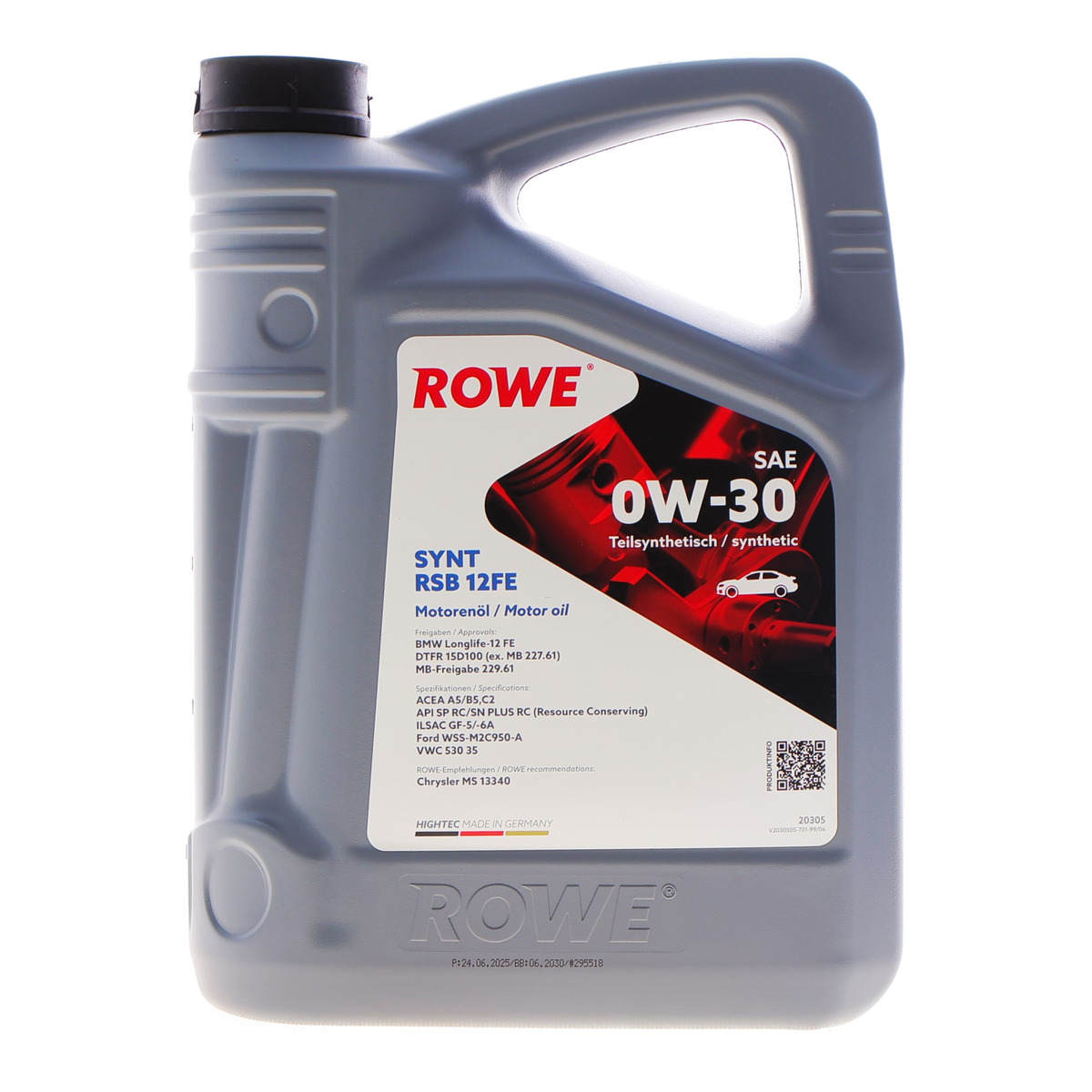 Олива 0W30 HIGHTEC SYNT RSB 12FE (5L) (BMW LL-12 FE/MB 227.61/229.61) (ACEA A5/B5,C2) (API SP RC) ROWE