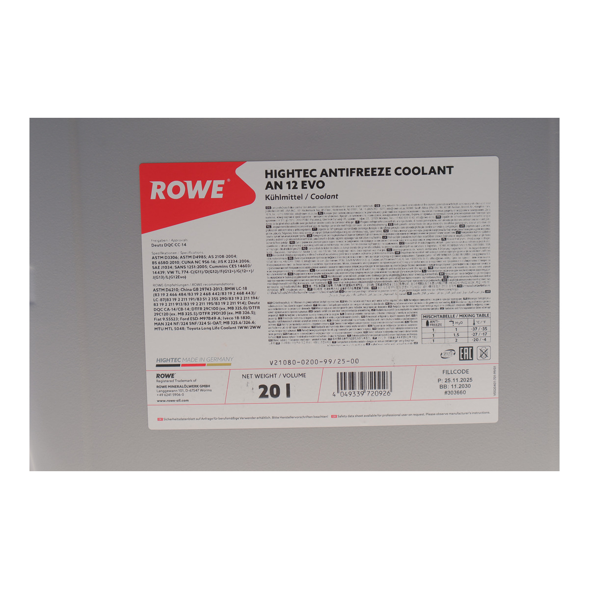 Антифриз (фіолетовий) G12 EVO (20L) HIGHTEC ANTIFREEZE COOLANT AN 12 EVO (1:1=-37°C) (концентрат) ROWE фото 2