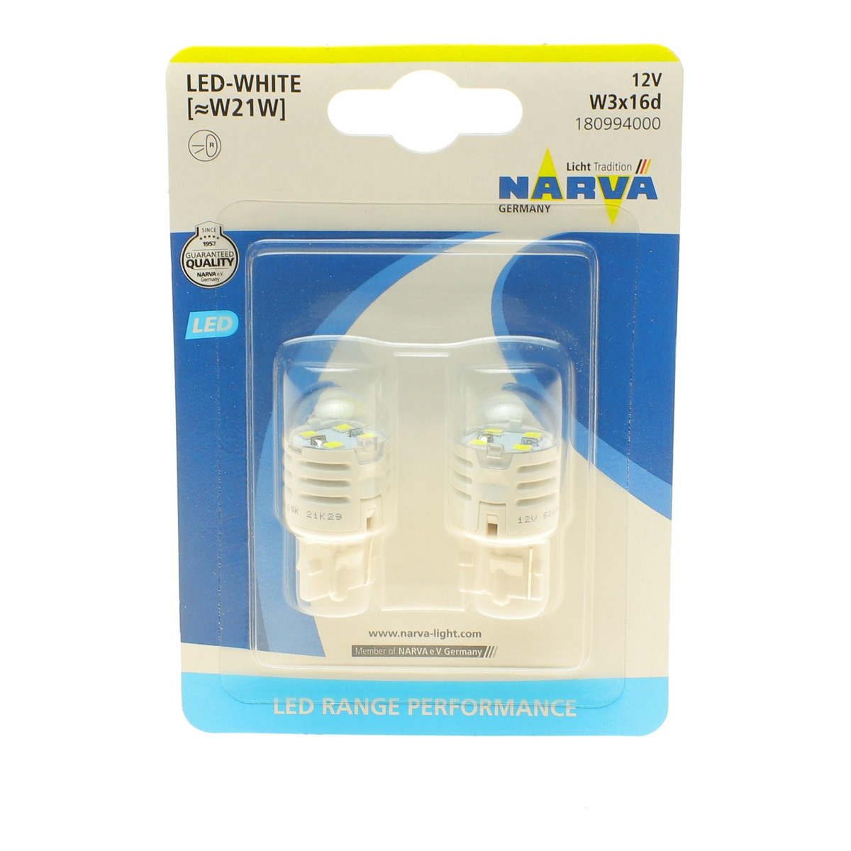 Автолампа W21W 12V 21W W3x16d (LED) (біла) (к-кт 2шт) (знято з вир-ва) Narva