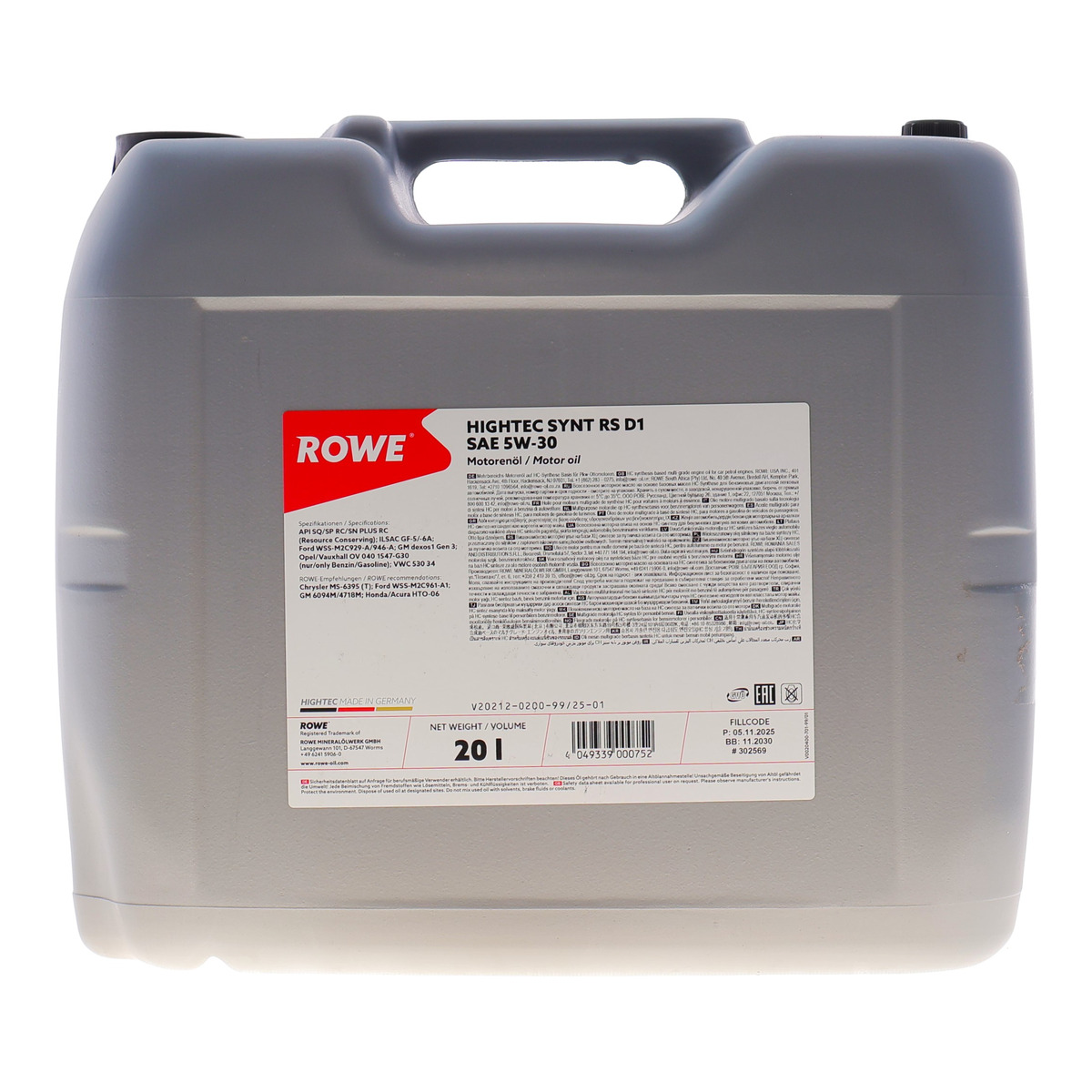 Олива 5W30 HIGHTEC SYNT RS D1 (20L) (Ford WSS-M2C945-A/929-A/946-A/GM DEXOS1 GEN2/GM 6094M/4718M) ROWE