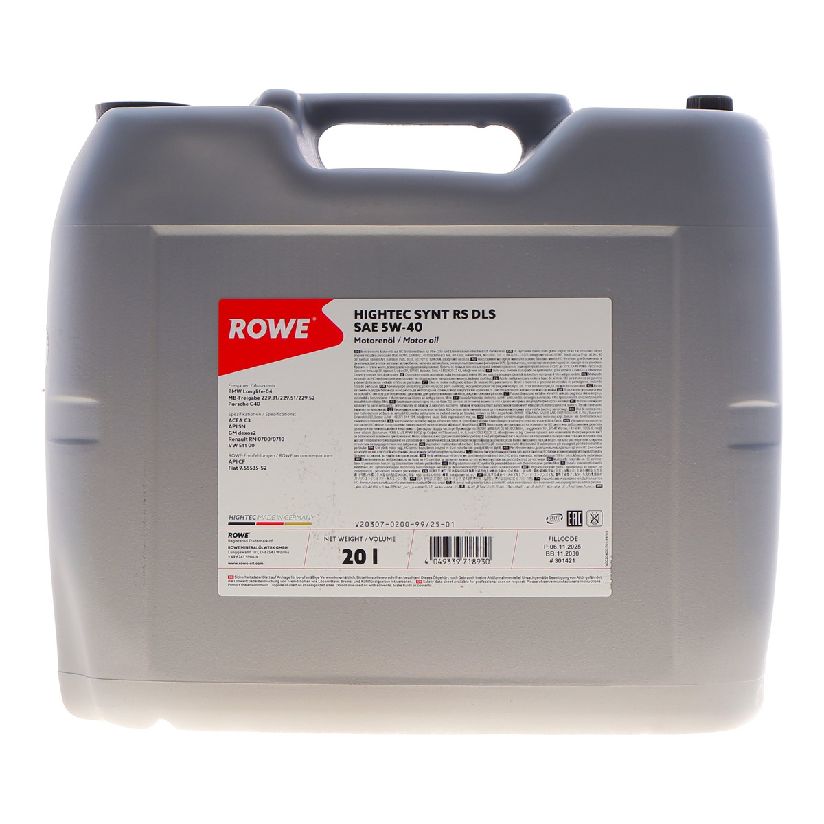 Олива 5W40 HIGHTEC SYNT RS DLS (20L) (LL-04/MB 229.31/229.51/MB 229.52/Porsche C40/VW 511 00) ROWE