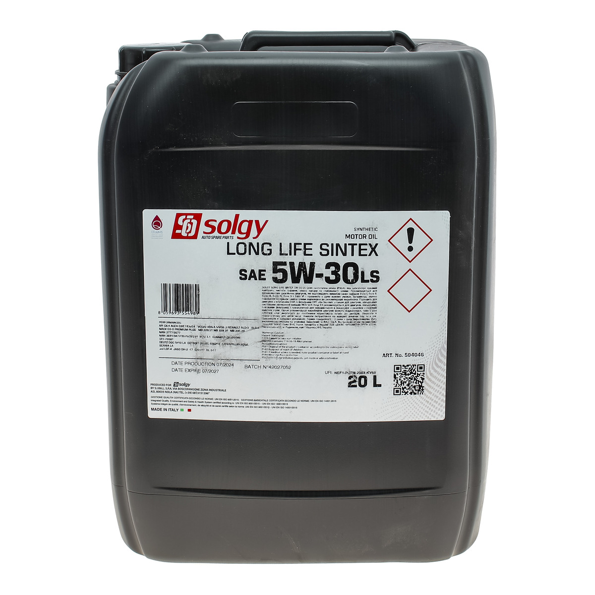 Олива 5W30 LONG LIFE SINTEX LS (20L) (MAN M3477/MB 235.28/Volvo VDS-4/VDS-3/RENAULT RLD-3/RLD-4) Solgy