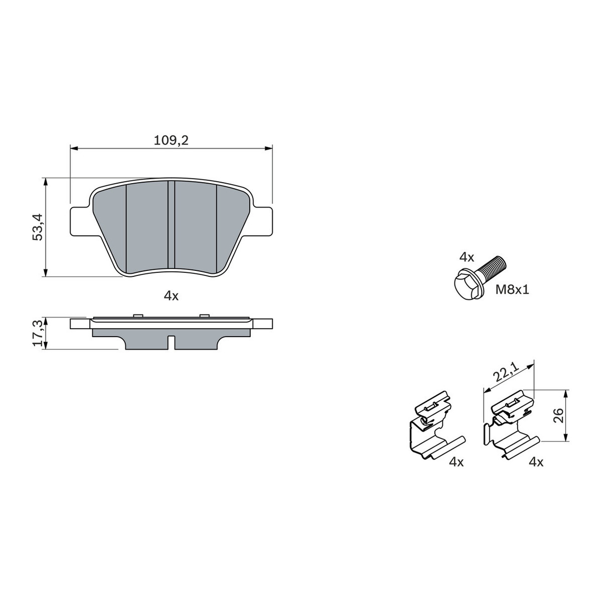 Колодки гальмівні (задні) Audi A3/Skoda Octavia/SuperB/Yeti/VW Caddy/Touran/Golf/Passat B7/B8 04- (к-кт) Bosch