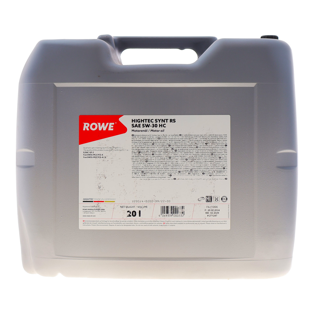 Масло 5W30 HIGHTEC SYNT RS HC (20L) (ILSAC GF-2/WSS-M2C912-A/WSS-M2C913-A/-B)