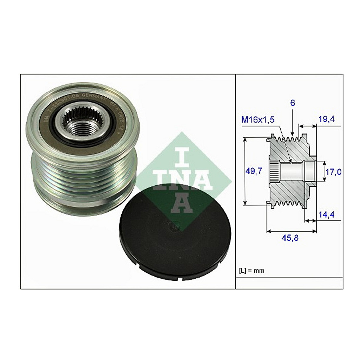 Шків генератора MB Sprinter 2.2 CDI 06- (OM646/651, Valeo) 6PK Schaeffler INA фото 3