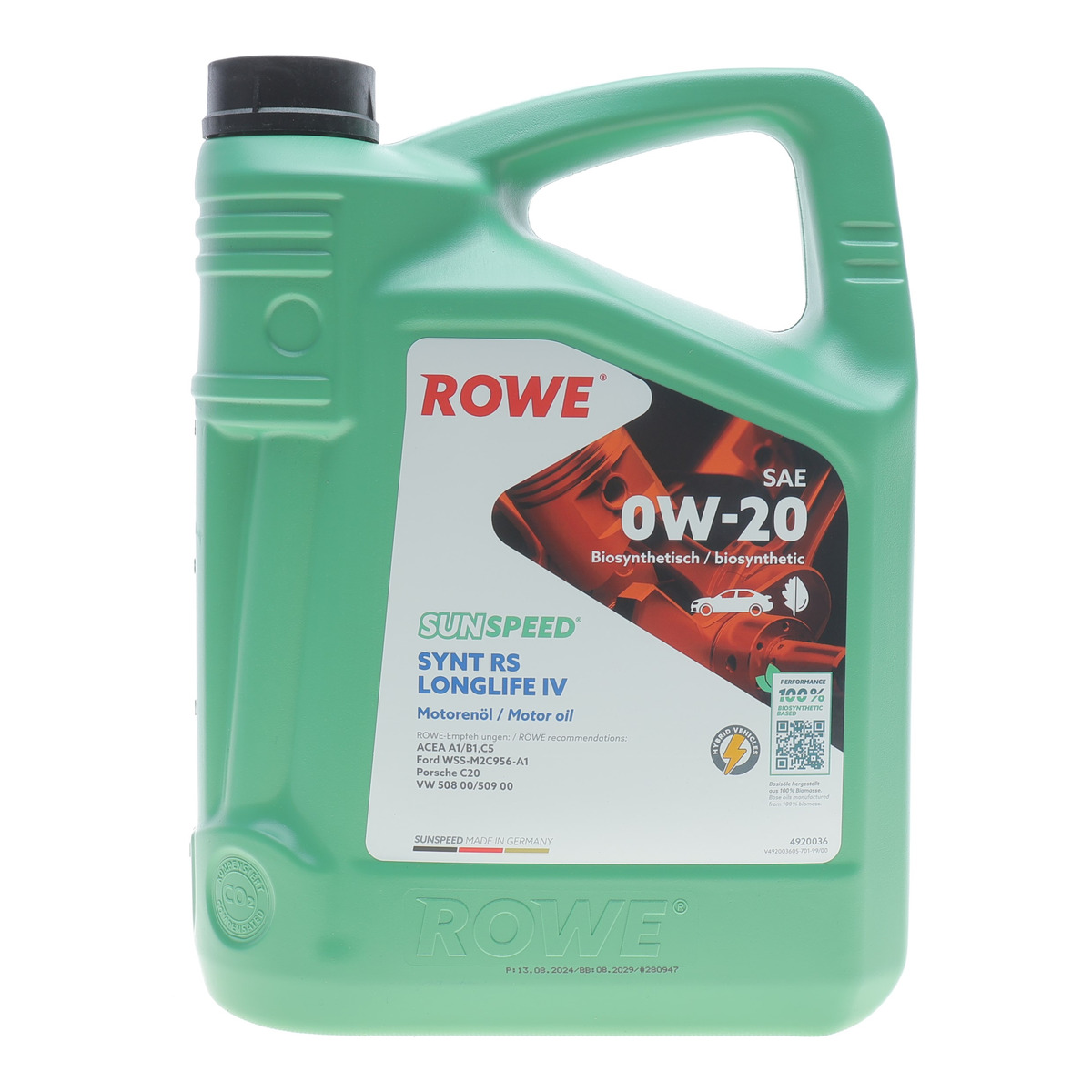 Олива 0W20 SUNSPEED SYNTH RS LONGLIFE IV (5L) (Porsche C20/VW 508 00/509 00) (ACEA A1/B1/C5) ROWE