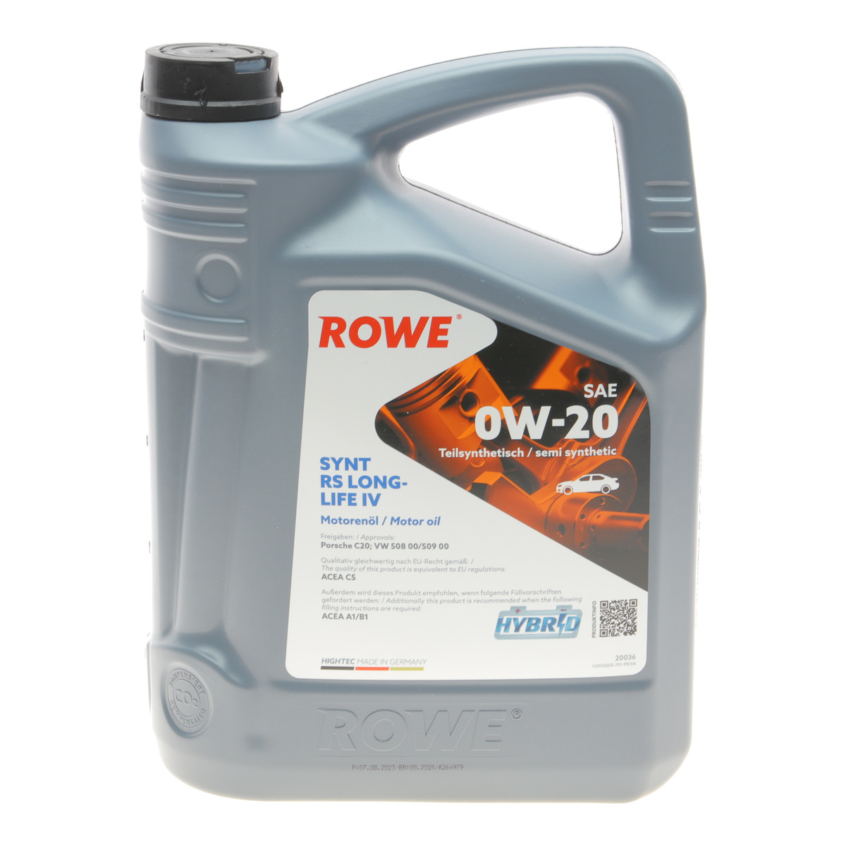 Олива 0W20 HIGHTEC SYNTH RS LONGLIFE IV (5L) (Porsche C20/VW 508 00/509 00) (ACEA A1/B1/C5) ROWE