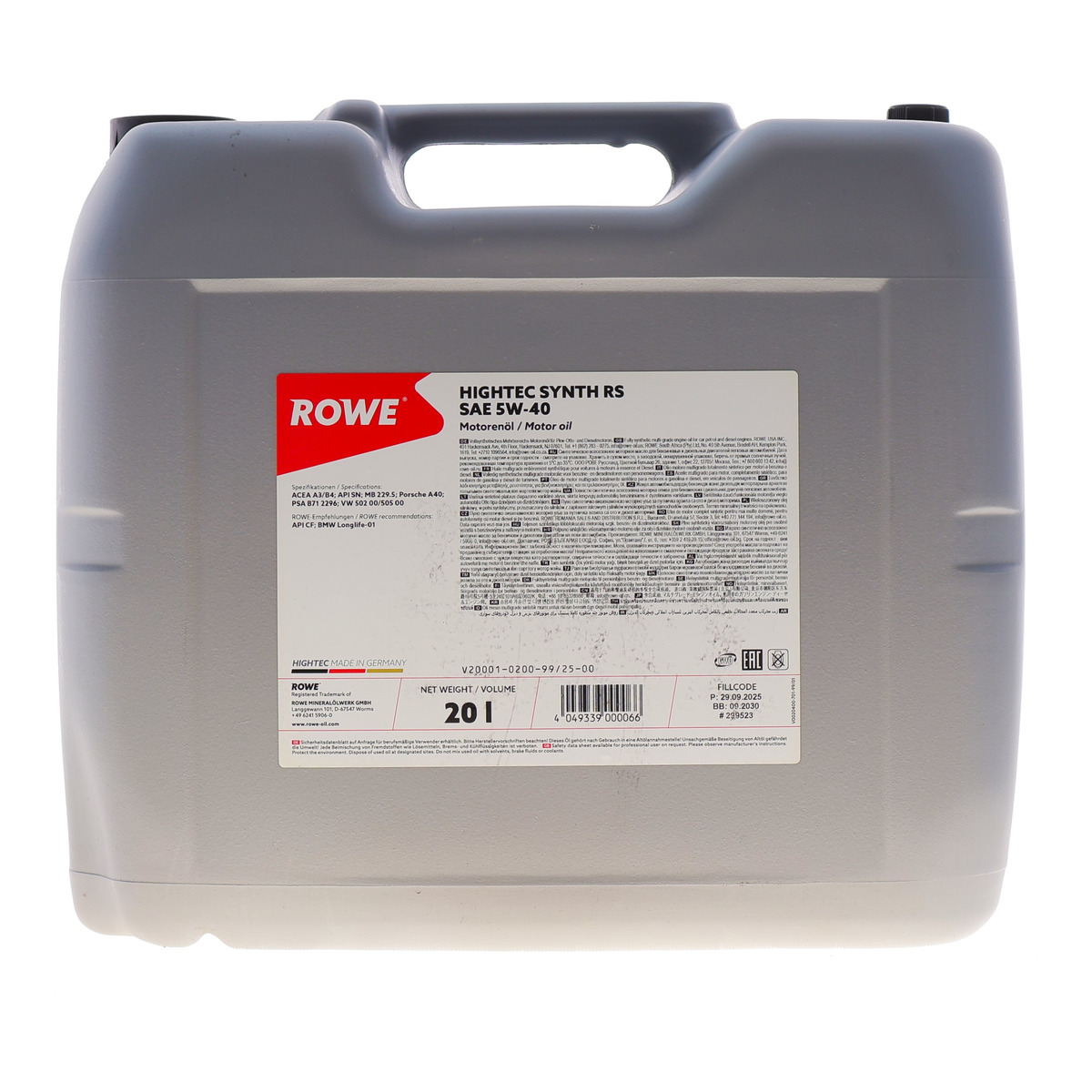 Олива 5W40 HIGHTEC SYNTH RS (20L) (BMW LL-01/MB 229.5/Porsche A40/VW 502 00/505 00/PSA B71 2296) ROWE