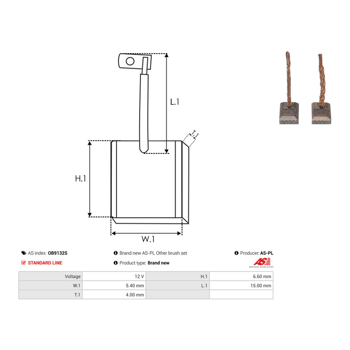Щітки генератора (12V) (6.6x5.4x15) (вугільні) AS