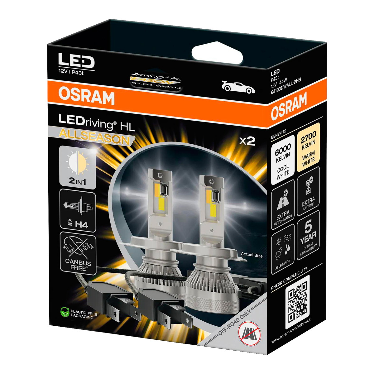 Комплект світлодіодних автоламп H4 LED 12V 45/45W 2700/6000K P43T / LEDRIVING® HL ALLSEASON / НЕ OSRAM (64193DWALL-2HB) osram фото 9