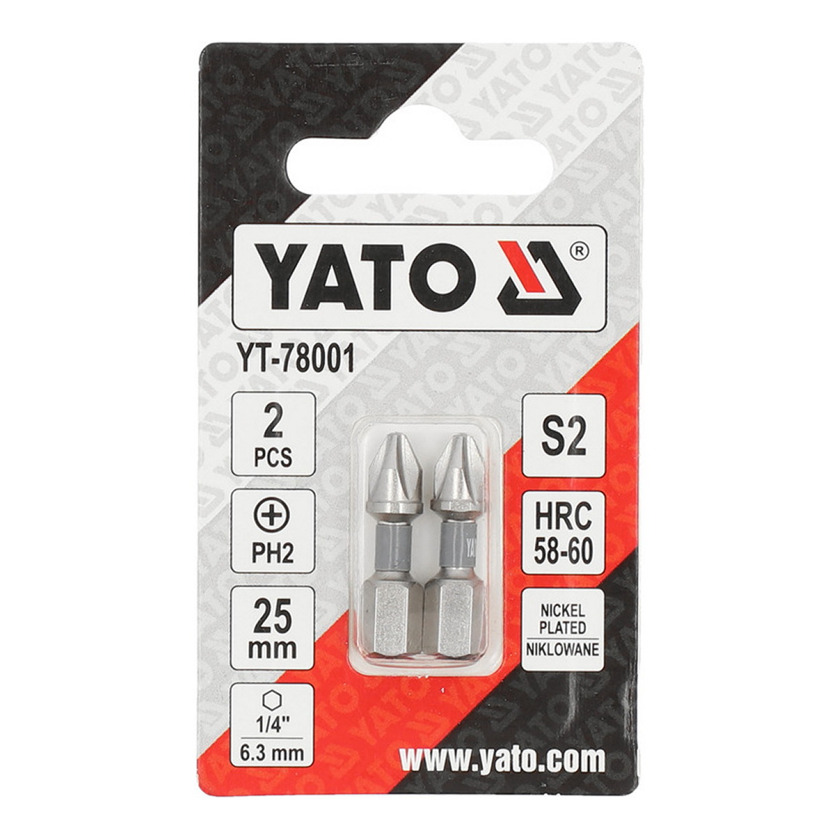 Біта 1/4"Х25 мм, PH2, 2ШТ, сталь S2; нікельована YATO (YT-78001) Yato фото 3