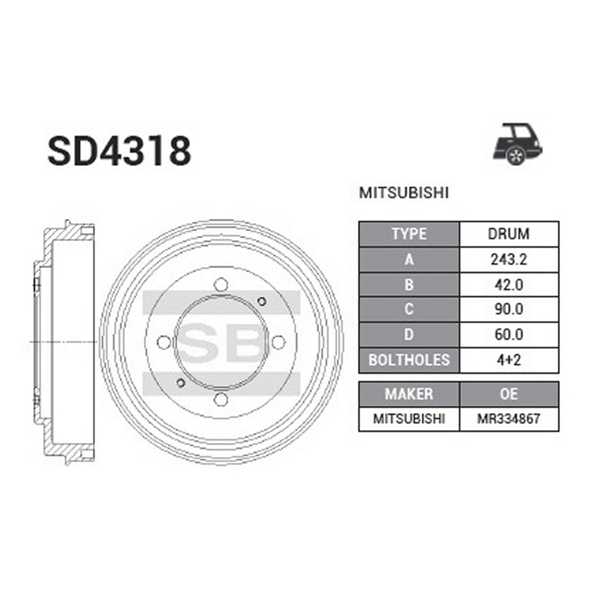 Диск гальмівний БАРАБАН MITSUBISHI LANCER CS6A L4-1.8L 4G94 DOHC 2000.03 – 2009.0 HI-Q (SD4318) HI-Q фото 3