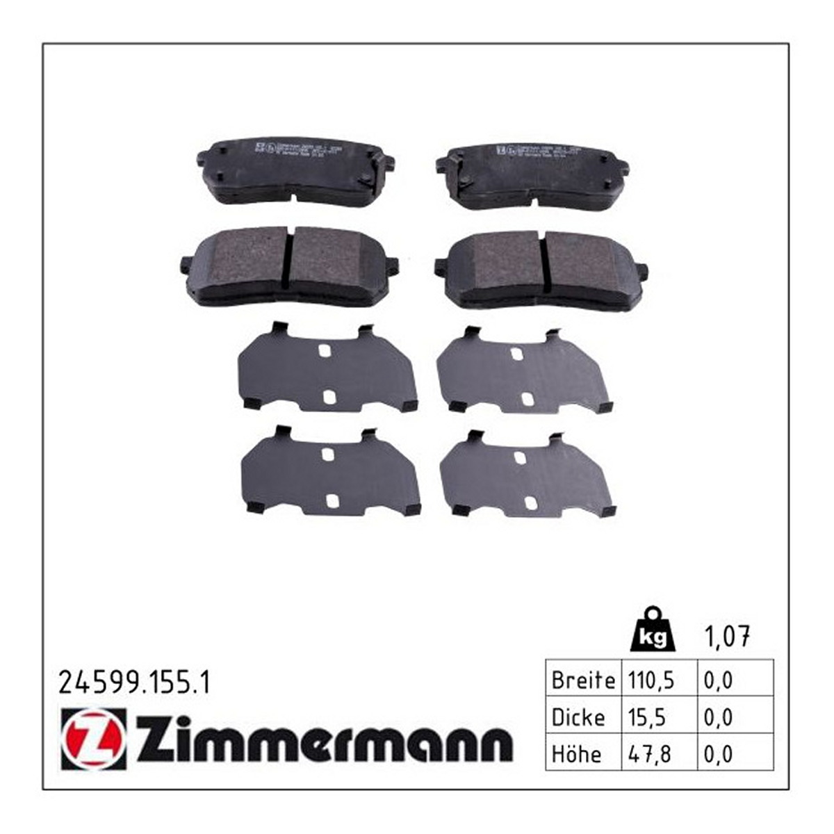 Колодки гальмівні дискові HYUNDAI H-1 ФУРГОН (A1) 2.5 1997.10-2008.04 ZIMMERMANN (24599.155.1) Zimmermann фото 3