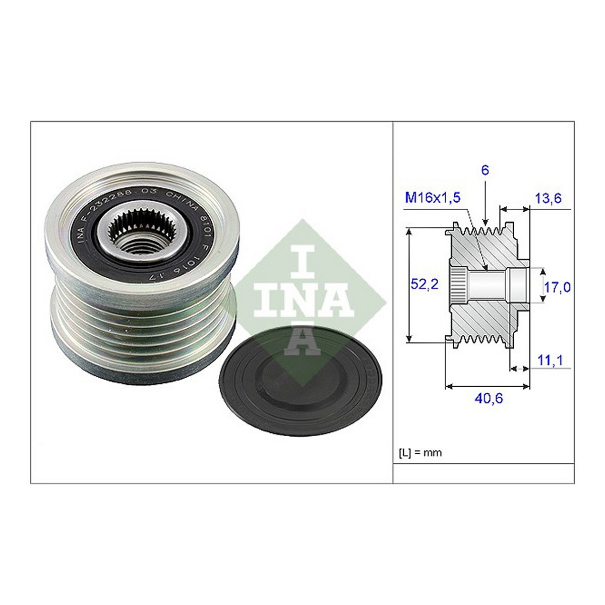 Шків генератора X-Trail I-II/Rogue 2.0/2.5 AWD/4x4 01-13, (QR20DE/QR25DE) Schaeffler INA фото 3