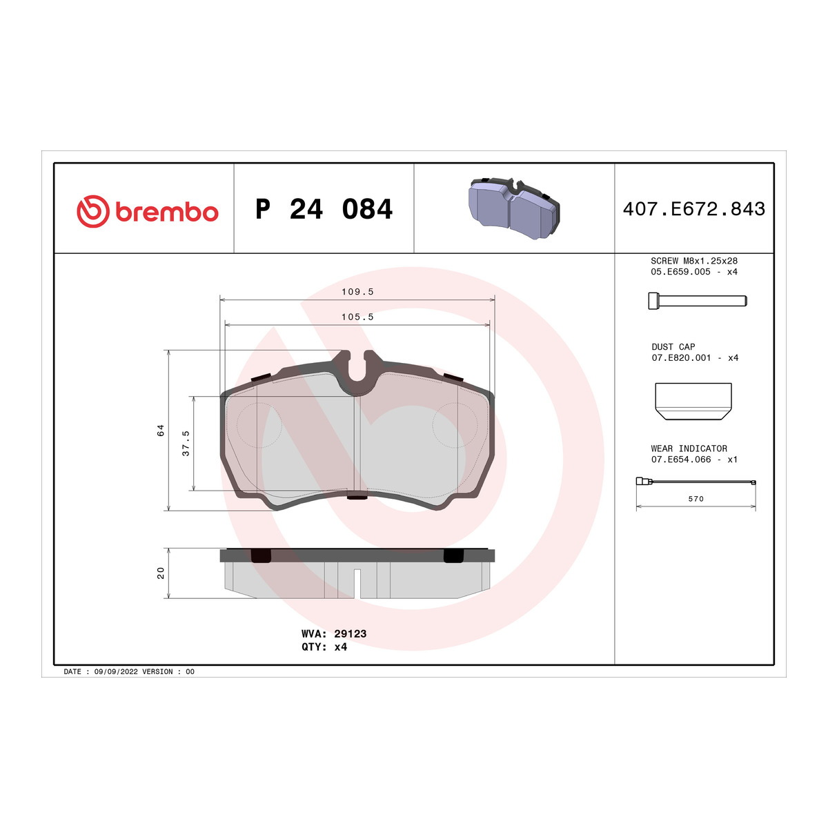 Колодки гальмівні дискові FORD TRANSIT ФУРГОН (FA_ _) 2.2 2006.04-2014.12 BREMBO (P24084) BREMBO фото 5