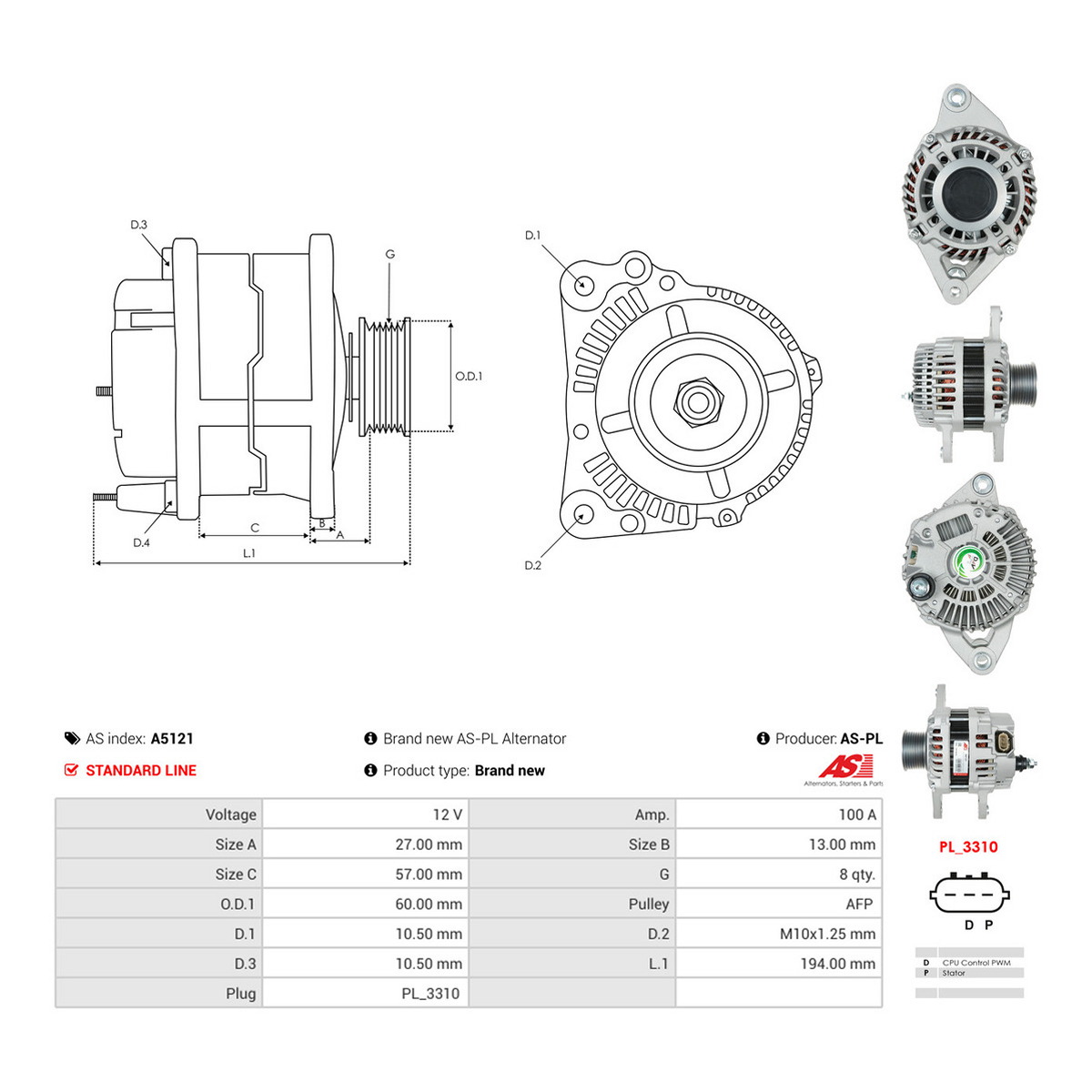 Генератор 116011 PL AS (A5121) AS фото 3