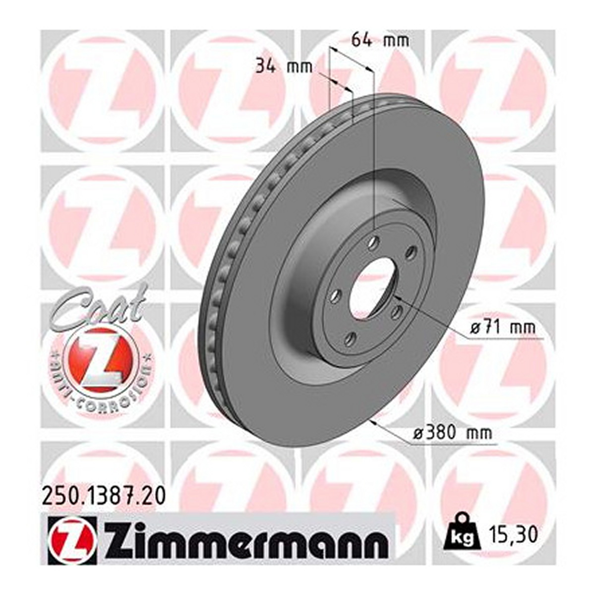 Диск гальмівний ВЕНТИЛ-ИЙ MUSTANG 2015- ZIMMERMANN (250.1387.20) Zimmermann фото 3