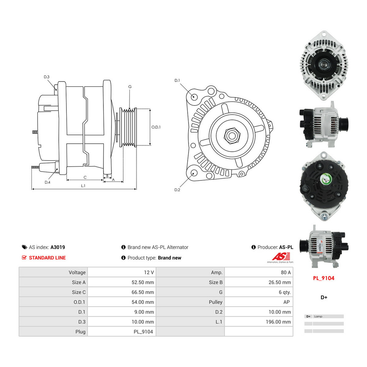 Генератор CA1039IR PL AS (A3019) AS фото 3