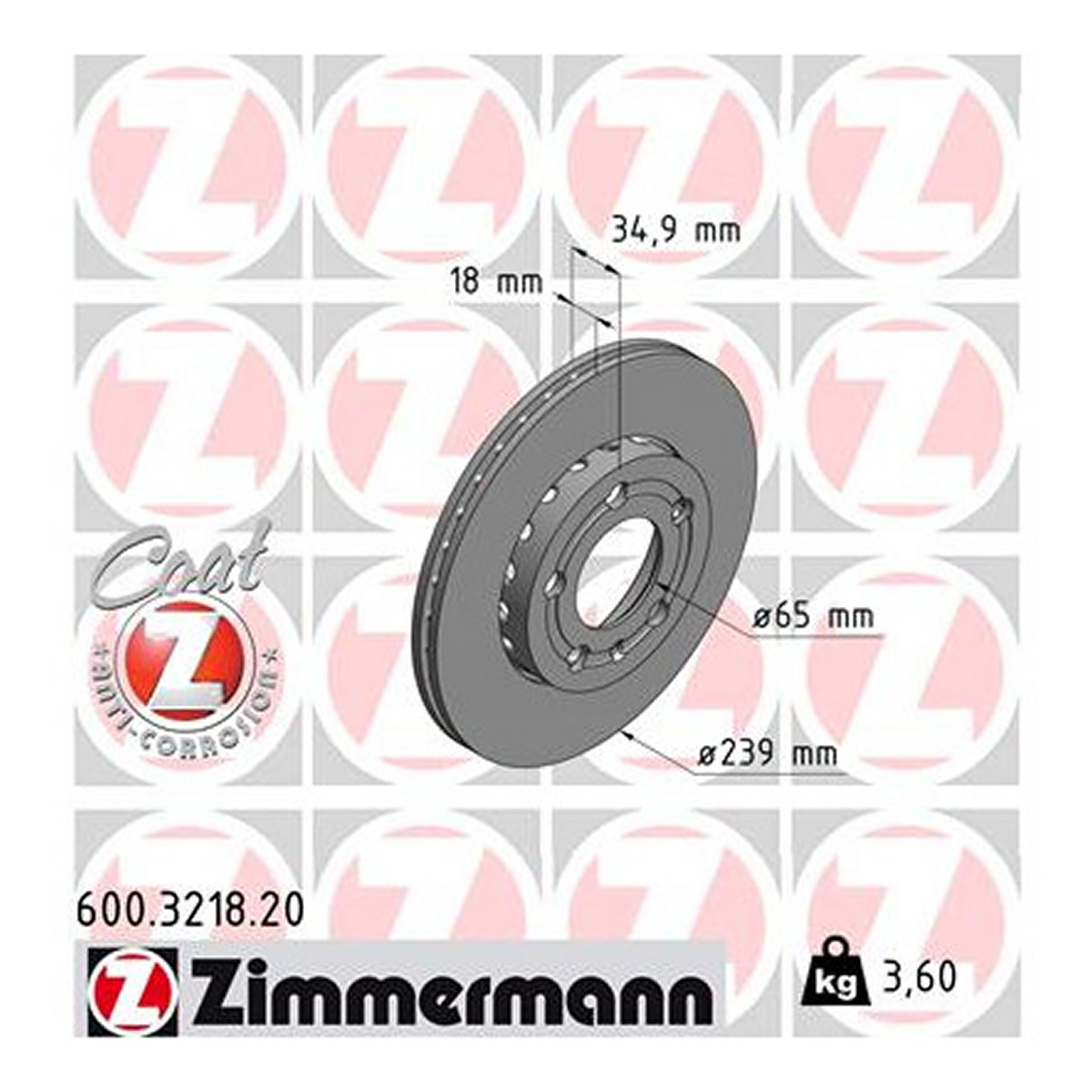 Диск гальмівний SKODA FABIA II COMBI (545) 1.4 2007.10-2014.12 ZIMMERMANN (600.3218.20) Zimmermann фото 3