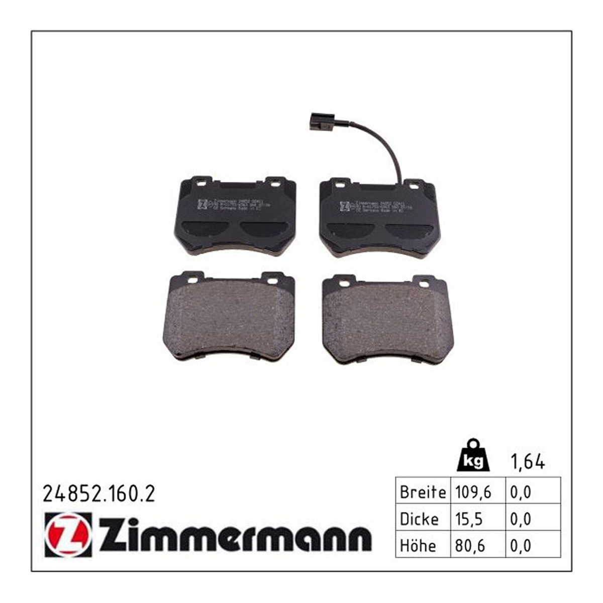 Колодки гальмівні дискові ALFA ROMEO 159 (939_) 2.2 2005.06-2012.12 ZIMMERMANN (24852.160.2) Zimmermann фото 3