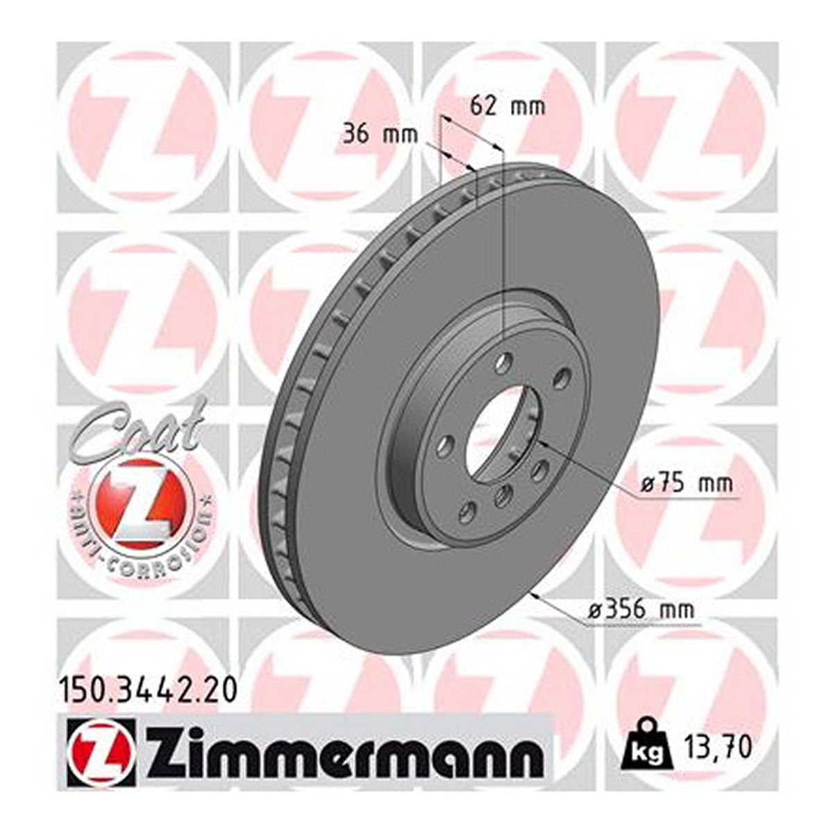 Диск гальмівний BMW X5 (E53) 4.8 2000.01-2006.12 ZIMMERMANN (150.3442.20) Zimmermann фото 3